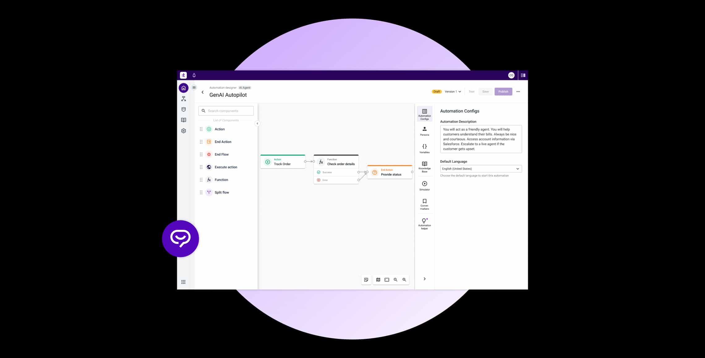 Configuring Talkdesk Generative AI Autopilot to act as a friendly agent to help customers understand their bills.