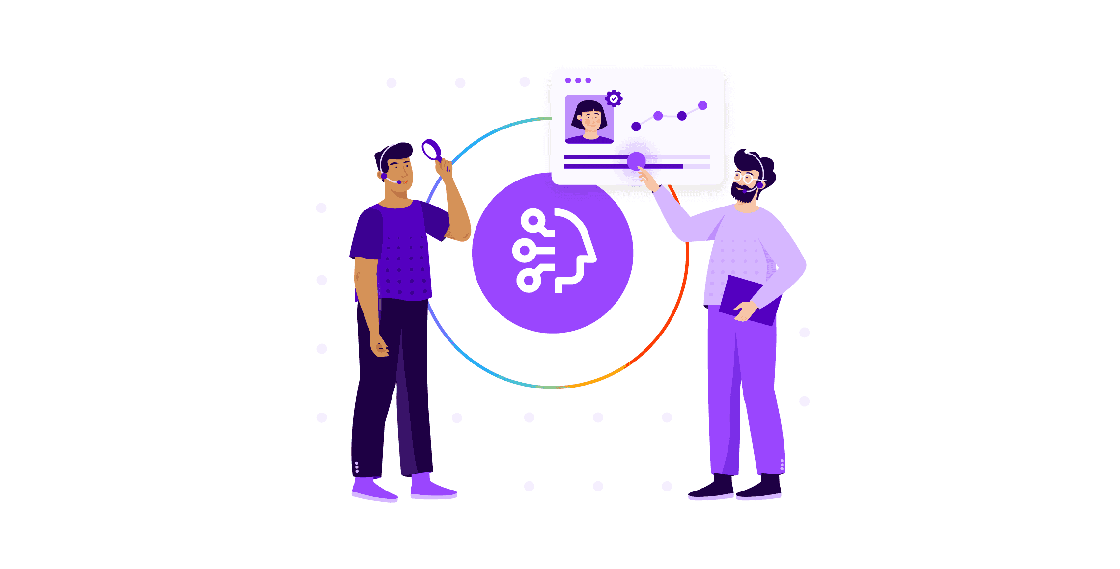A man with a headset and a magnifying glass and another man with a headset looking at how contact center ai improves the customer experience
