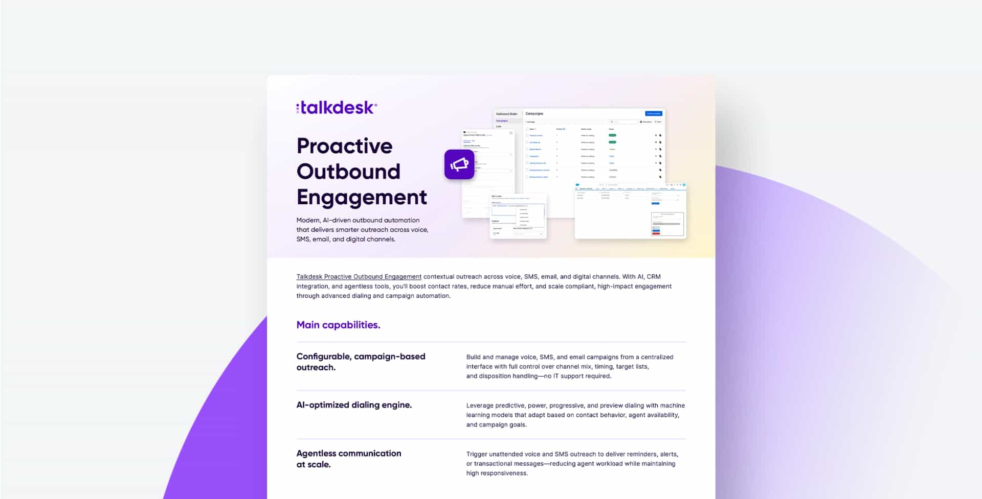 Fiches techniques de Talkdesk Proactive Outbound Engagement