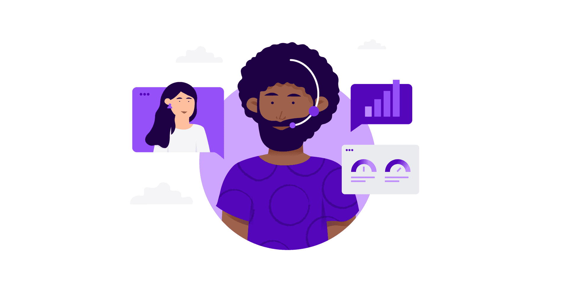 Man agent with a headset uses the available contact center tools to talk to a woman customer