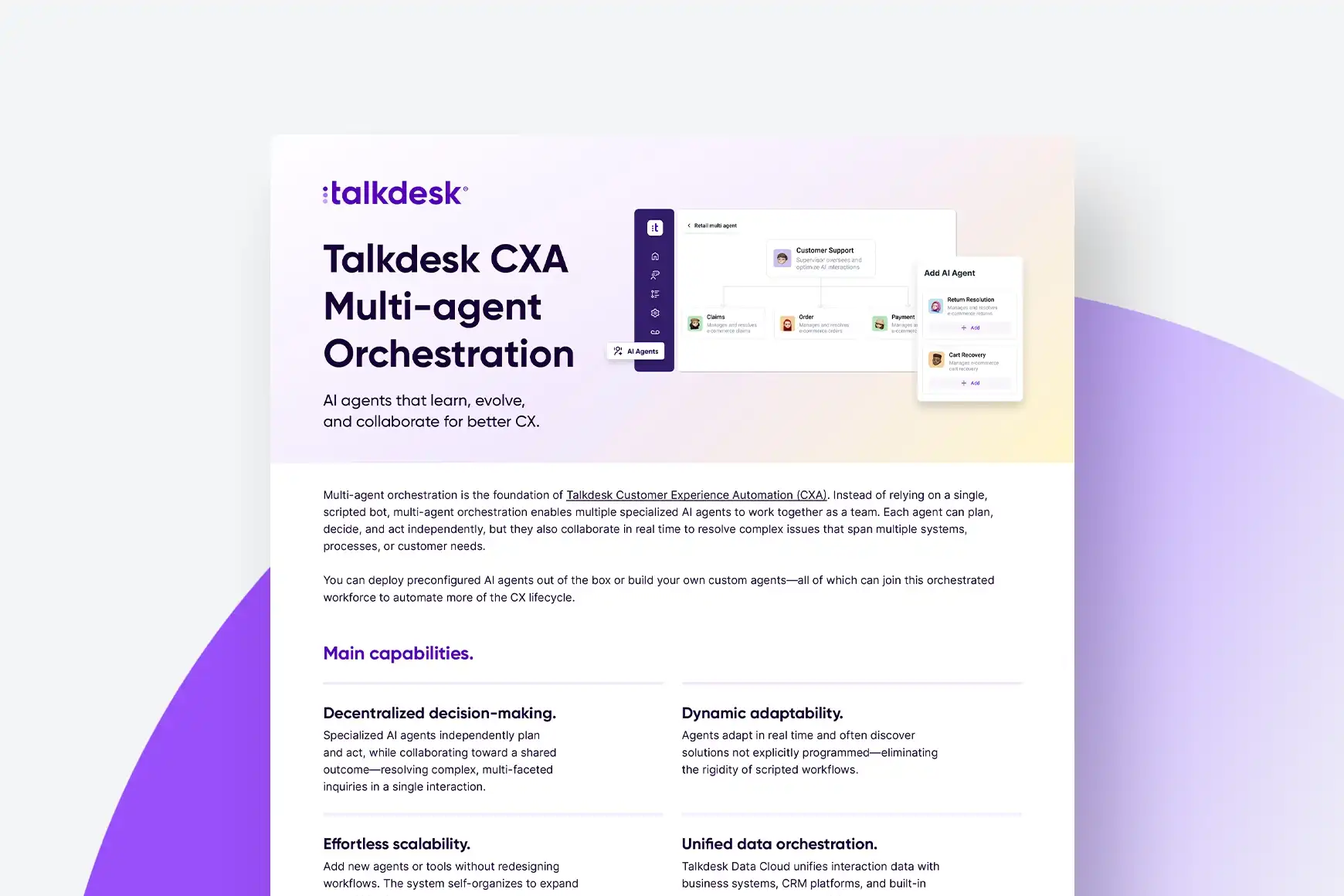 Orquestração multiagentes da Talkdesk CXA